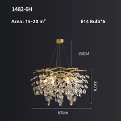 Chandelier with dimensions and specifications on a dark background