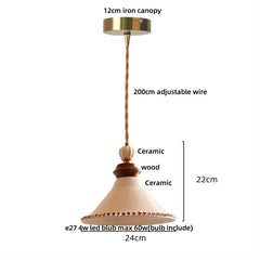 Pendant light with measurements and features labeled on a white background