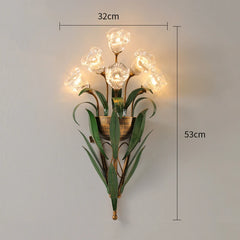 Gold Floral Sconce Frosted Glass Bell Shades Green Leaf Accents