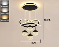 Chandelier with dimensions and light color options on a beige background