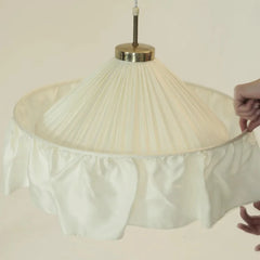 White Fabric Pleated Pendant Light with Gold Accents and Ruffled Shade