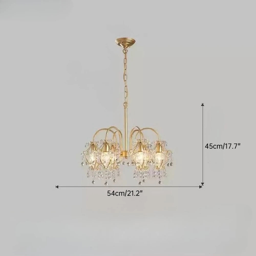 Gold chandelier with crystal accents on a gray background, including dimensions.