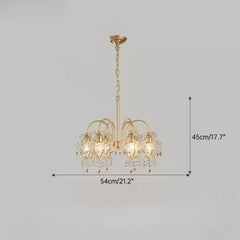 Gold chandelier with crystal accents on a gray background, including dimensions.
