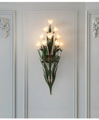 Gold Floral Sconce Frosted Glass Bell Shades Green Leaf Accents