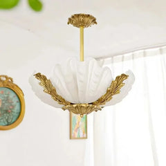 Gold Shell Glass Pendant Light with Leaf Accents