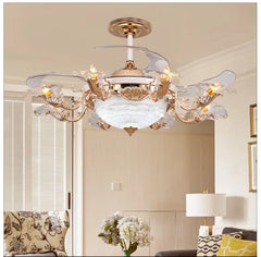 Gold Floral Fan Light with Clear Petal Shades and Rose Accents