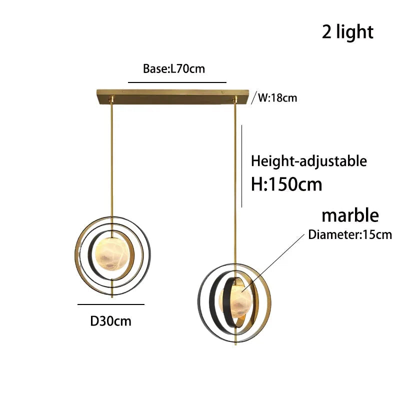 Measurement chart of a pendant light with dimensions labeled.