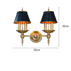 Wall lamp with black lampshades and gold fixtures, showing dimensions on a white background.