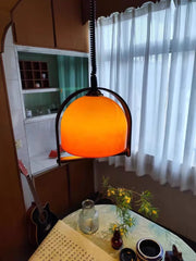 Amber Glass Dome Pendant Light with Wood Accents