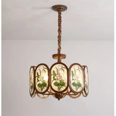 Bronze Chandelier with Frosted Glass and Green Leaf Floral Accents