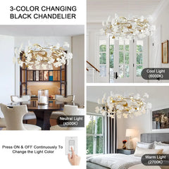 Gold Metal Ginkgo Leaf Pendant Chandelier with White Ceramic Flowers
