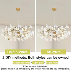 Gold Metal Ginkgo Leaf Pendant Chandelier with White Ceramic Flowers