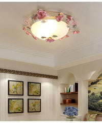 Pink Rose Bud Metal Semi-Flush Ceiling Light with Frosted Glass Shade
