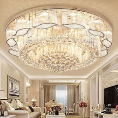 Luxurious chandelier in a living room setting with elegant decor.