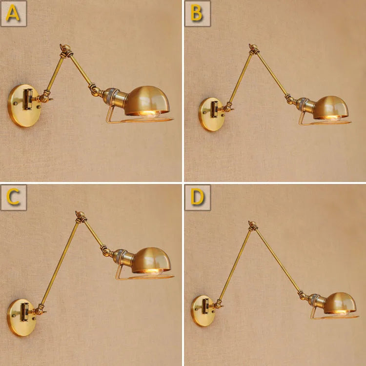 Four diagrams labeled A, B, C, D, illustrating different arm lengths and configurations of a brass swing arm wall sconce.
