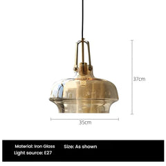Gold pendant light with dimensions on a white background