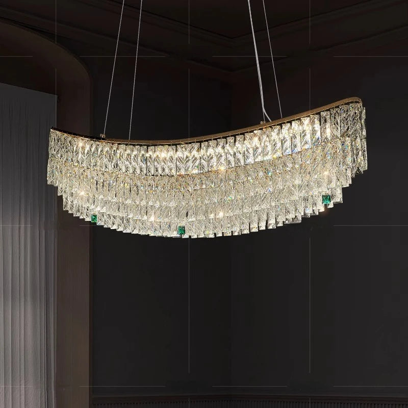 Crystal chandelier hanging against a dark background