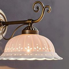Gold Metal Floral Ceramic Wall Sconce Light with Frosted Bell Shade