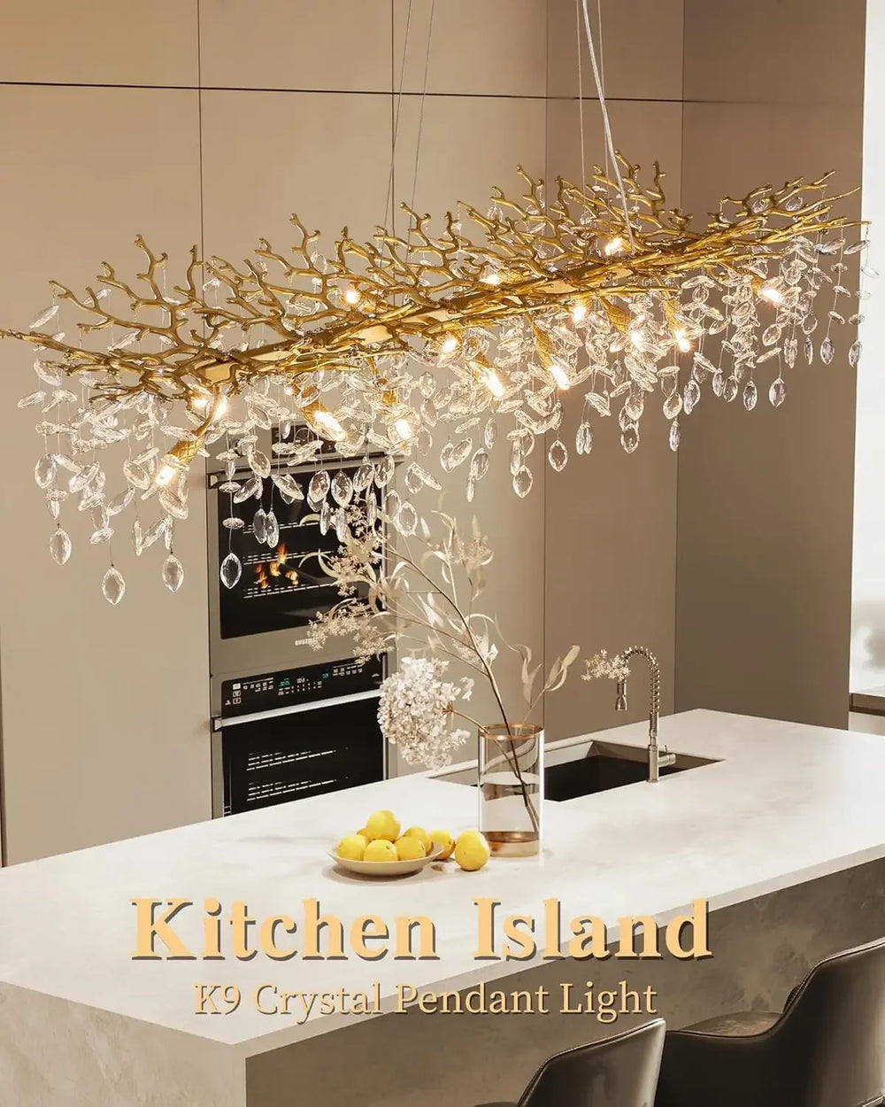 K9 Crystal Pendant Light hanging above a kitchen island with a modern kitchen setting.