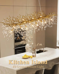 K9 Crystal Pendant Light hanging above a kitchen island with a modern kitchen setting.