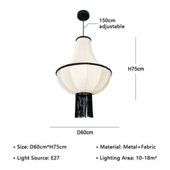 Pendant light with dimensions and specifications on a white background