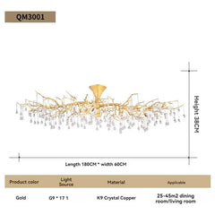 Gold Branch Crystal Waterfall Semi-Flush Mount Chandelier