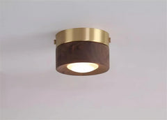 Walnut Wood Brass Flush Mount Ceiling Light Fixture