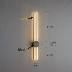 Wall lamp with gold and black options, measurements indicated on a gray background
