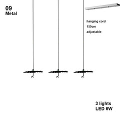 Diagram of a metal pendant light with hanging cord, adjustable length, and three LED lights.