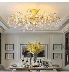 Gold Branch Crystal Waterfall Semi-Flush Mount Chandelier