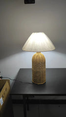 Handwoven Rattan Drum Table Lamp with Fabric Shade