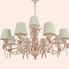 Pink Ribbon Bow Chandelier Light Fixture with Petal Accents