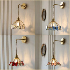 “Blue and green stained glass butterfly wall sconce for kitchen or foyer”