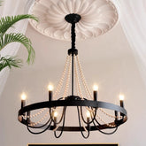 “American luxury black iron chandelier, electroplated finish, LED bulbs, 3-year warranty”