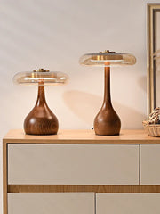 “Andi glass mushroom table lamp with walnut base and clear shade”