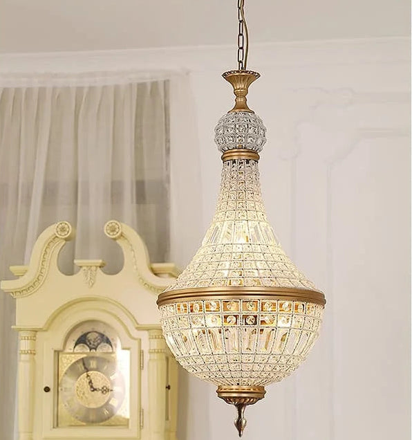 “Antique brass French Empire chandelier with lead-free crystals for foyer or living room”