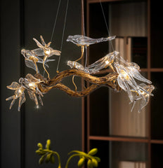 “Art deco resin ceiling lamp with clear glass swallow figures”