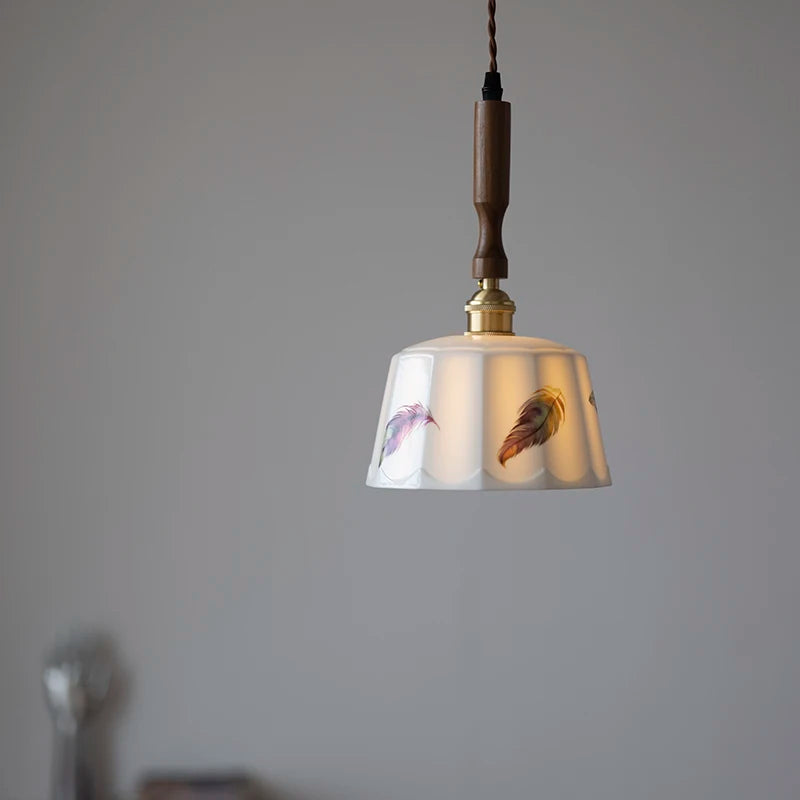 “Ceramic bedside pendant light with natural wood and E27 fitting”