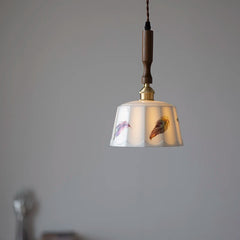 “Ceramic bedside pendant light with natural wood and E27 fitting”