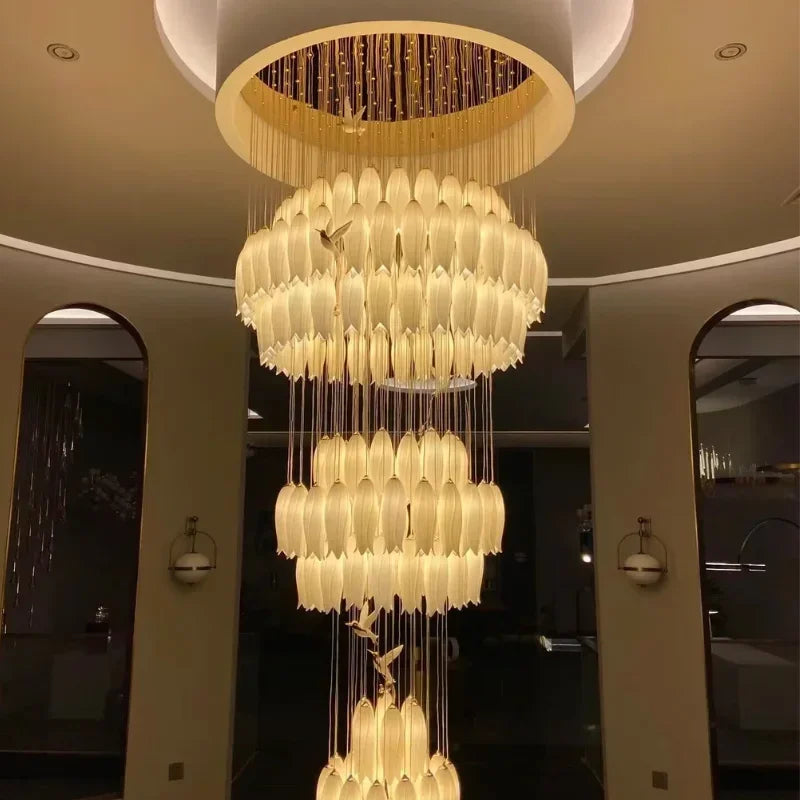 Ceramic flower staircase chandelier with cascading high ceiling design
