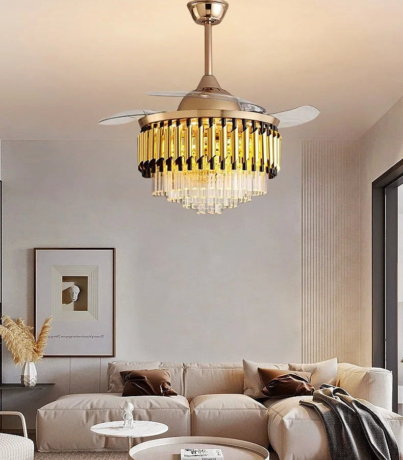 “Elegant gold ceiling fan light with crystal accents and LED illumination.”