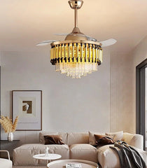 “Elegant gold ceiling fan light with crystal accents and LED illumination.”