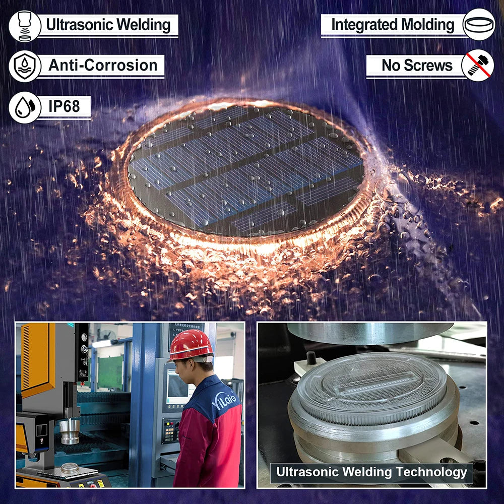 “Ring-shaped solar deck lights embedded along a driveway edge.”