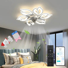 Stylish living room featuring a contemporary flower LED ceiling fan with soft ambient lighting