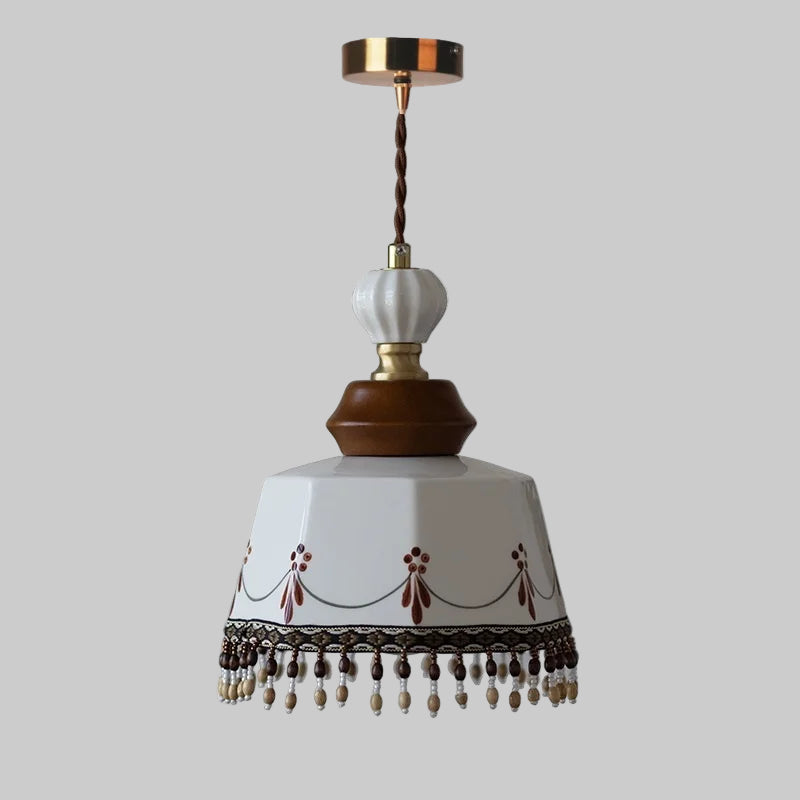 “Copper wood and ceramic pendant light with tassel for dining room”