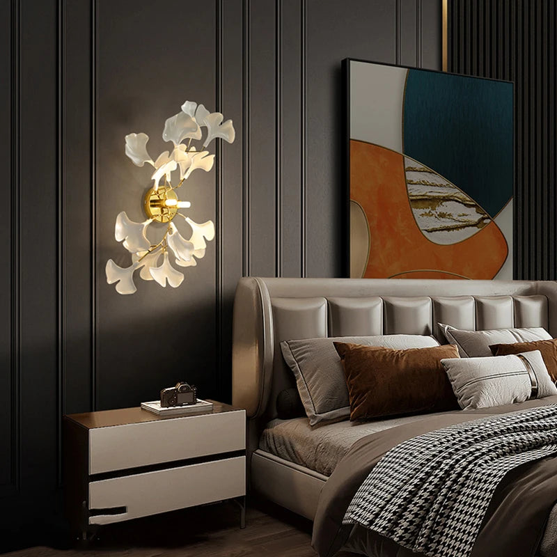 Modern bedroom with a bed, nightstand, and wall art