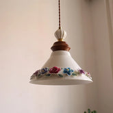 “Cottagecore pastel flower pendant light with adjustable drop, plug-in compatible”