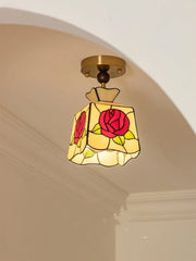 “Cozy flush mount ceiling light with Tiffany rose glass shade”