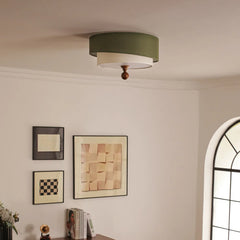 “Minimalist fabric ceiling fixture with a green shade installed in a modern interior.”