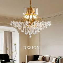 Modern cream style crystal LED chandelier installed in bedroom decor